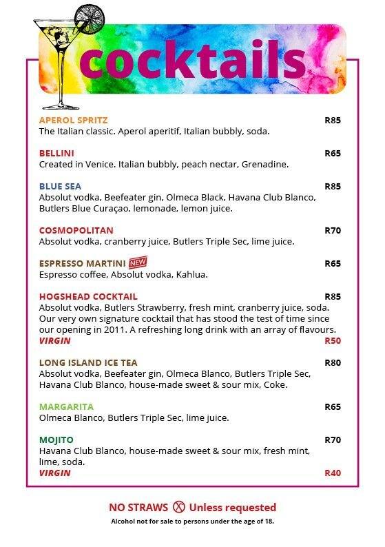 Menu au Hogshead pub et bar, Pretoria