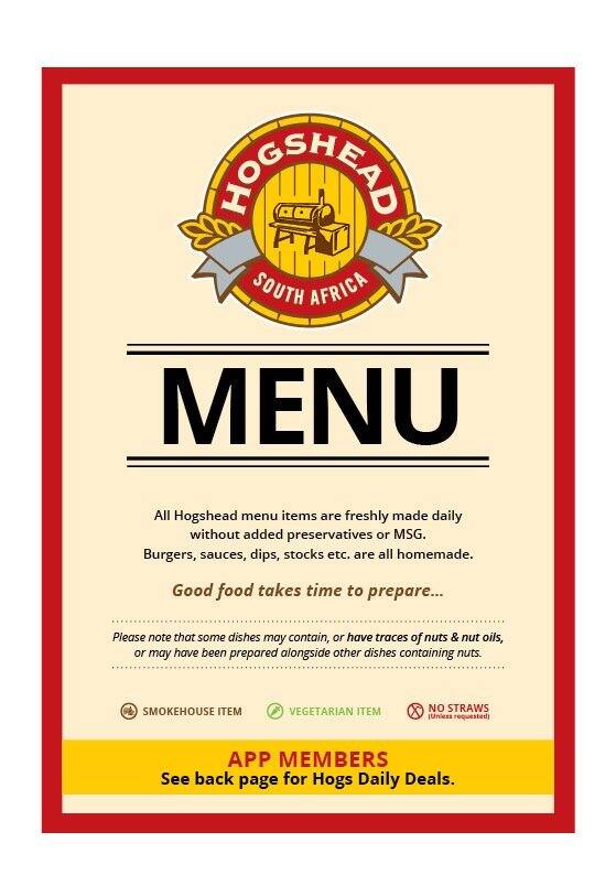 Menu au Hogshead pub et bar, Pretoria