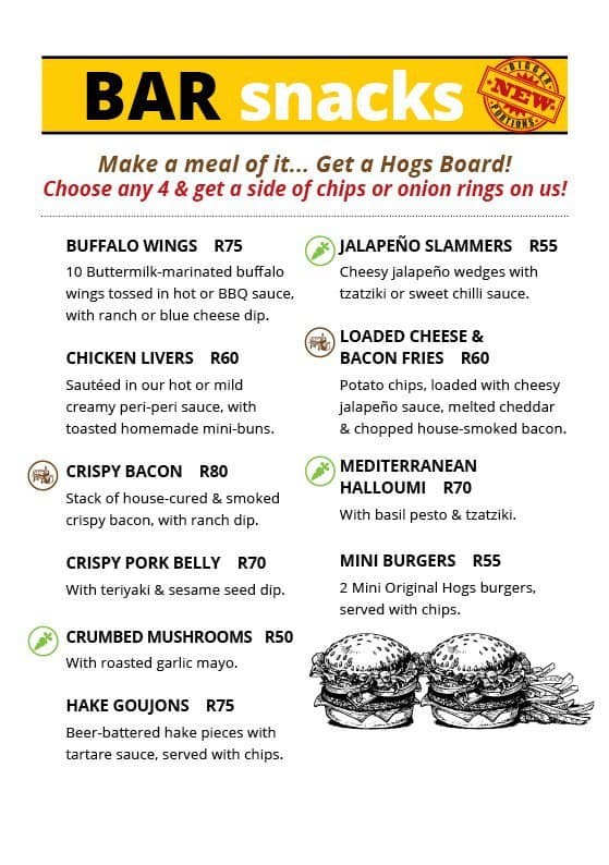 Menu au Hogshead pub et bar, Pretoria
