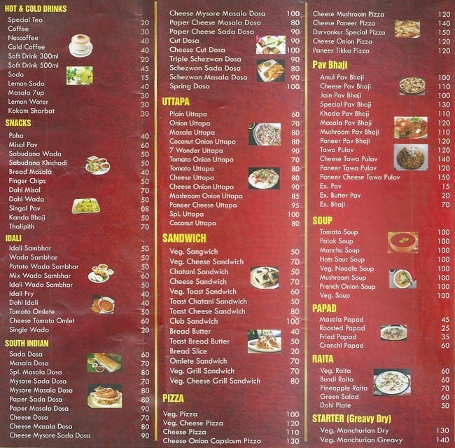 Durvankur Veg Hotel Menu, Menu for Durvankur Veg Hotel, Pimpri, Pune