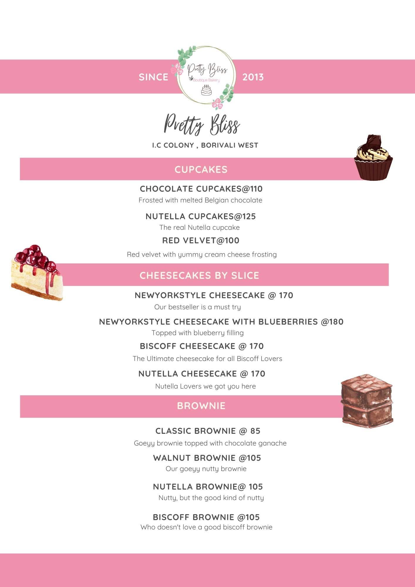 Menu of Pretty Bliss, Dahisar West, Mumbai