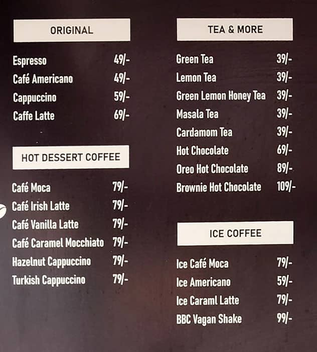 Menu of Big Bean Cafe, Wakad, Pune