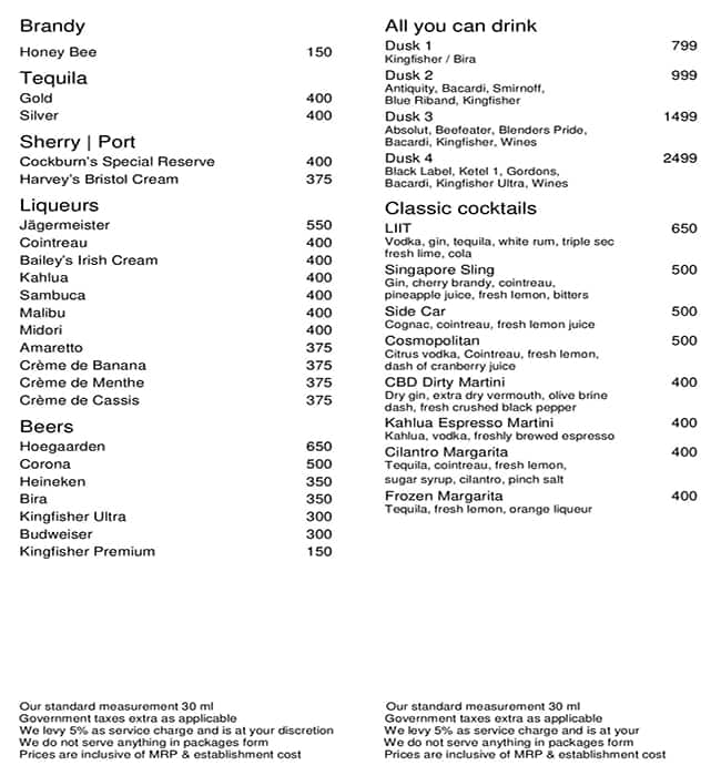 Dusk - Hotel The Park menu