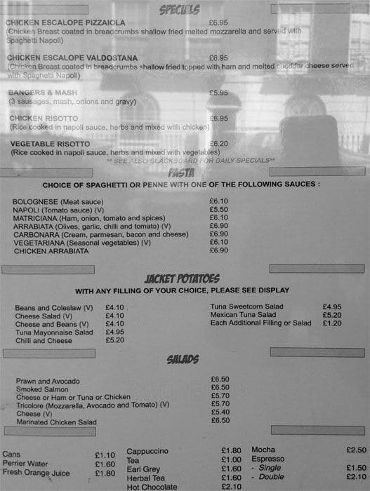 Menu at Speedy's Cafe, London, 187 N Gower St