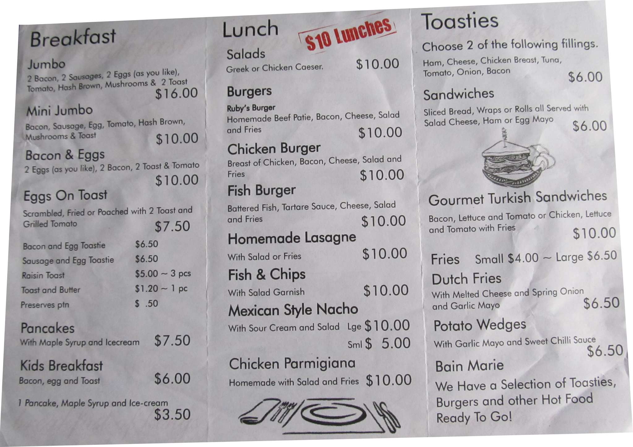 Menu at Ruby's Cafe, Marangaroo
