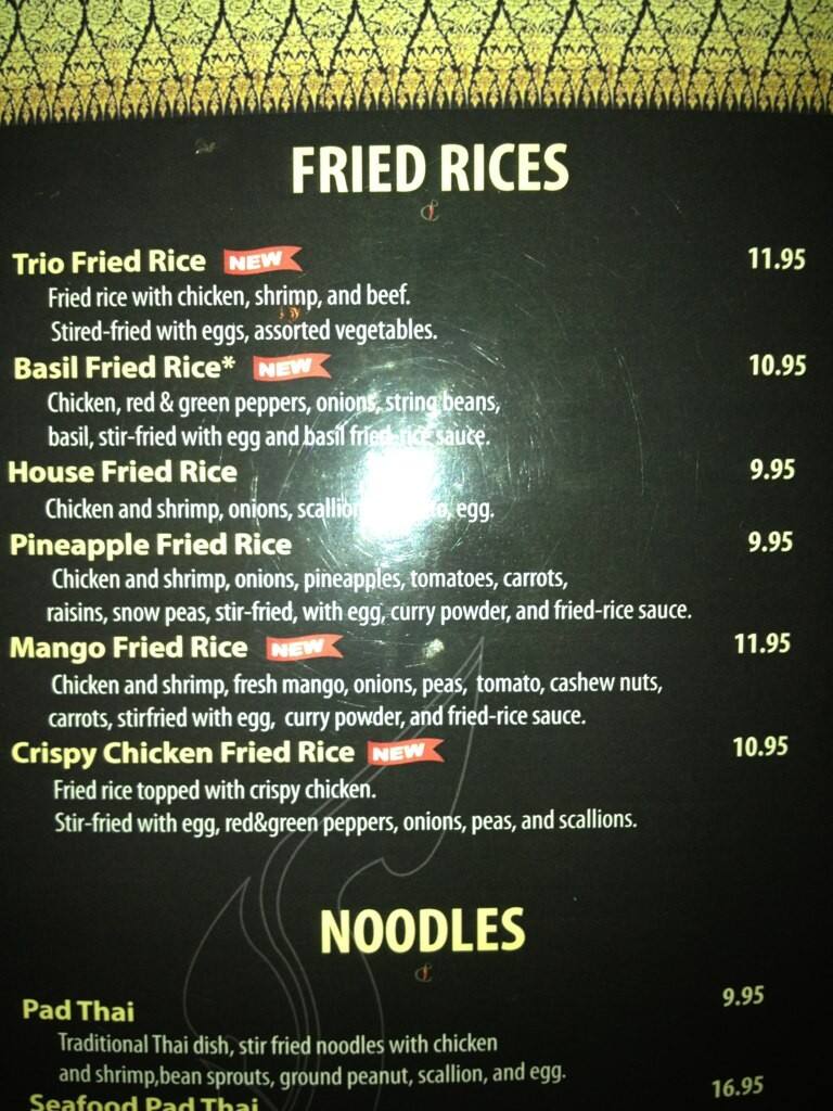 Menu at Thai Chili restaurant, Maynard