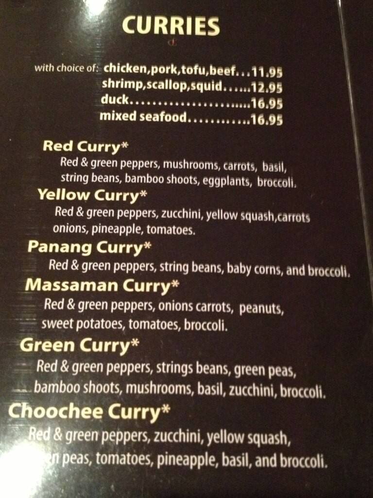 Menu at Thai Chili restaurant, Maynard
