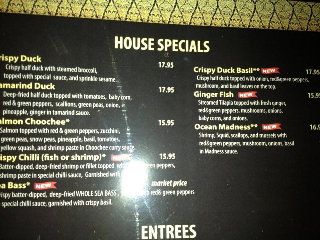 Menu at Thai Chili restaurant, Maynard