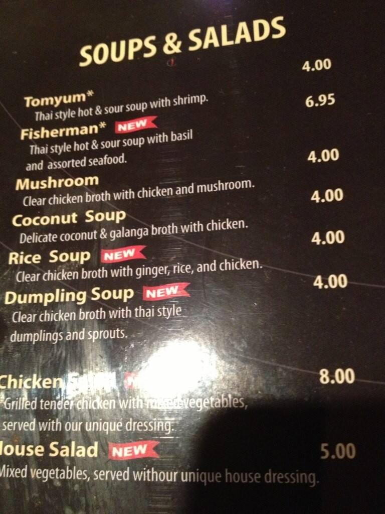 Menu at Thai Chili restaurant, Maynard