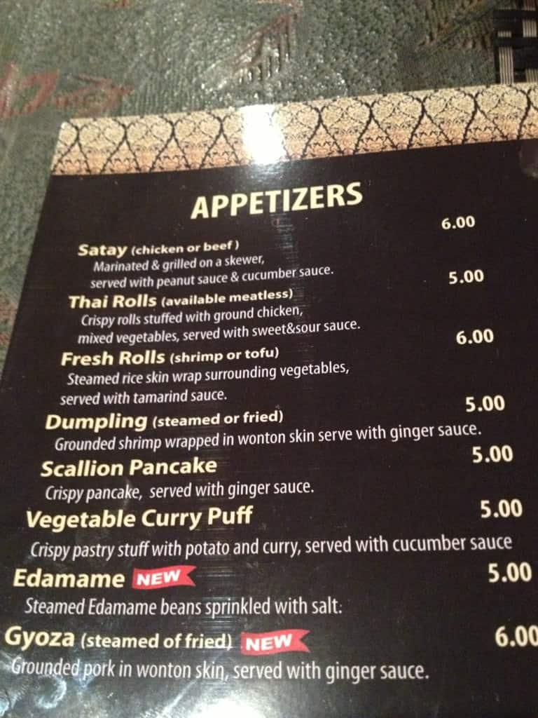 Menu at Thai Chili restaurant, Maynard
