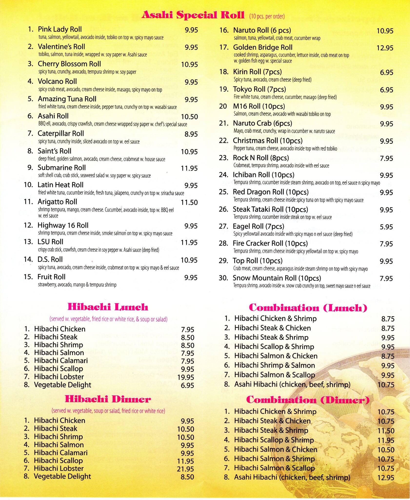 Asahi Sushi And Grill Menu Menu For Asahi Sushi And Grill Denham Springs Baton Rouge