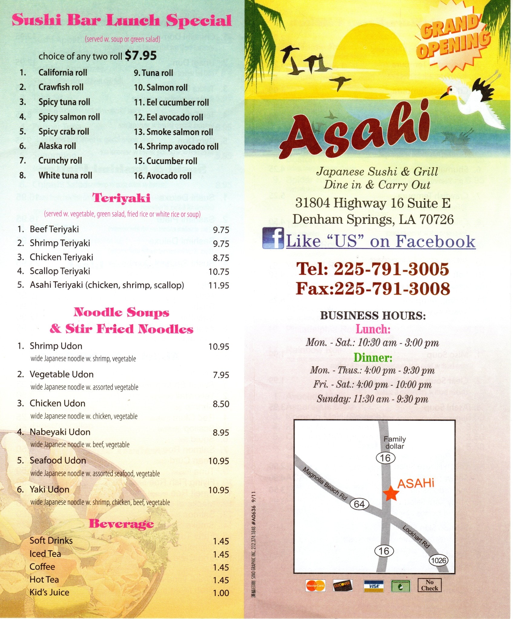 Menu at Asahi Sushi & Grill restaurant, Denham Springs