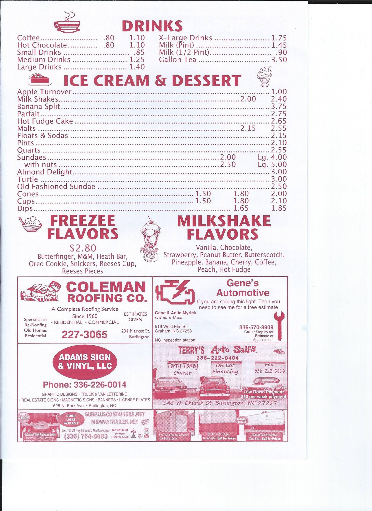 Graham Menu Menu at Jim's restaurant, Graham