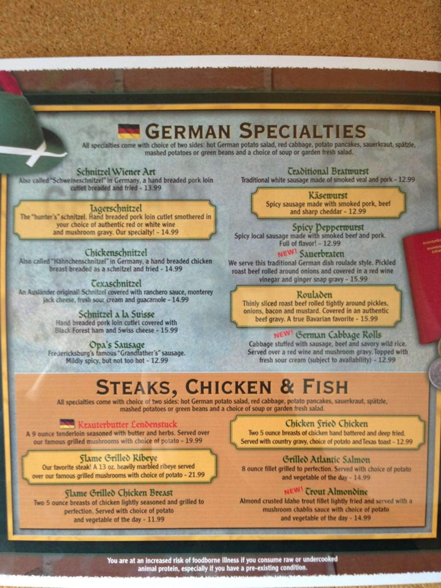 The Auslander Biergarten & Restaurant menu Urbanspoon/Zomato