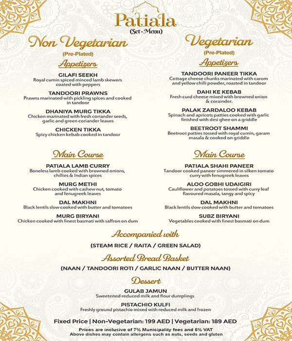 Menu of Patiala, Downtown Dubai, Dubai