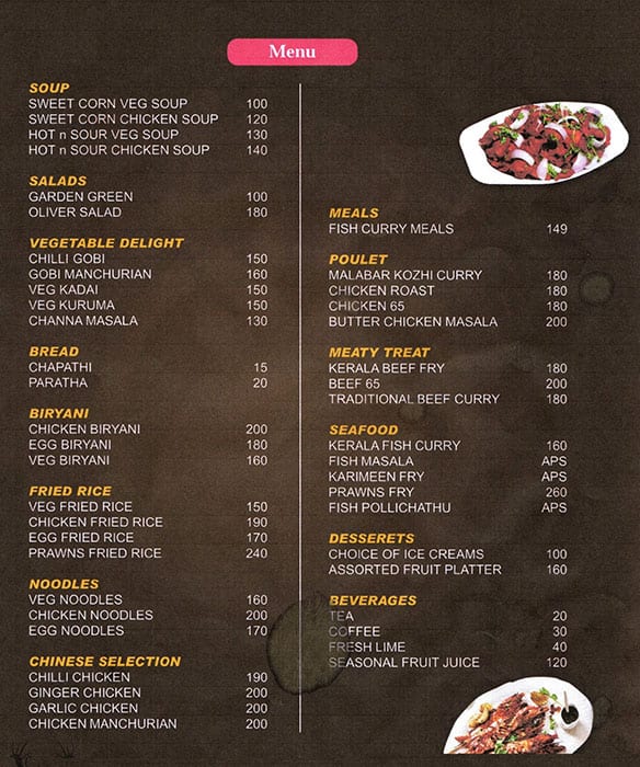 Menu of Puthur Residency Hotel, Marathakkara, Thrissur