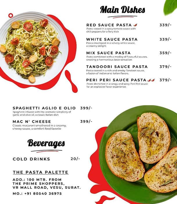 Menu of The Pasta Palette, Vesu, Surat