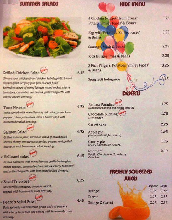 Menu at Pedro's Cafe, London, 165 Kentish Town Rd