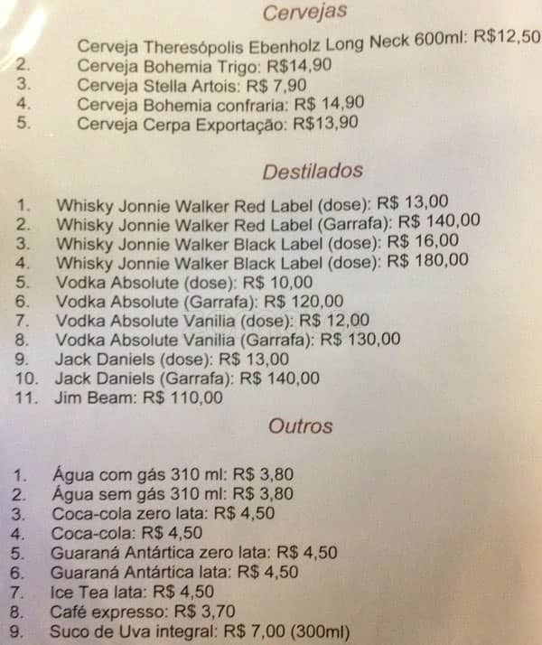 Vin Express cardápio