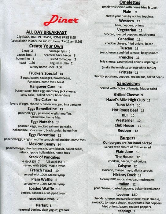Hazel's Diner menu, Menu restauracji Hazel's Diner, Bedford Park