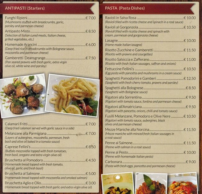 Fellini's Pizza Pasta Restaurant Menu Zomato Ireland