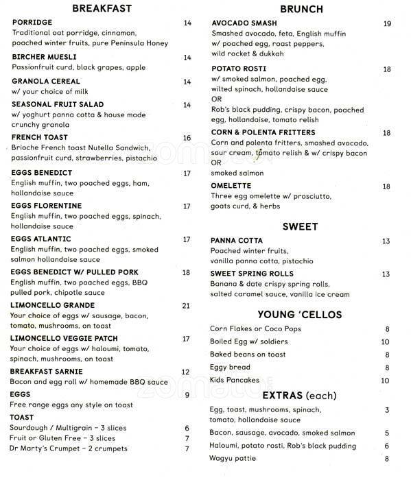 Limoncello Menu, Menu for Limoncello, Sandringham, Melbourne
