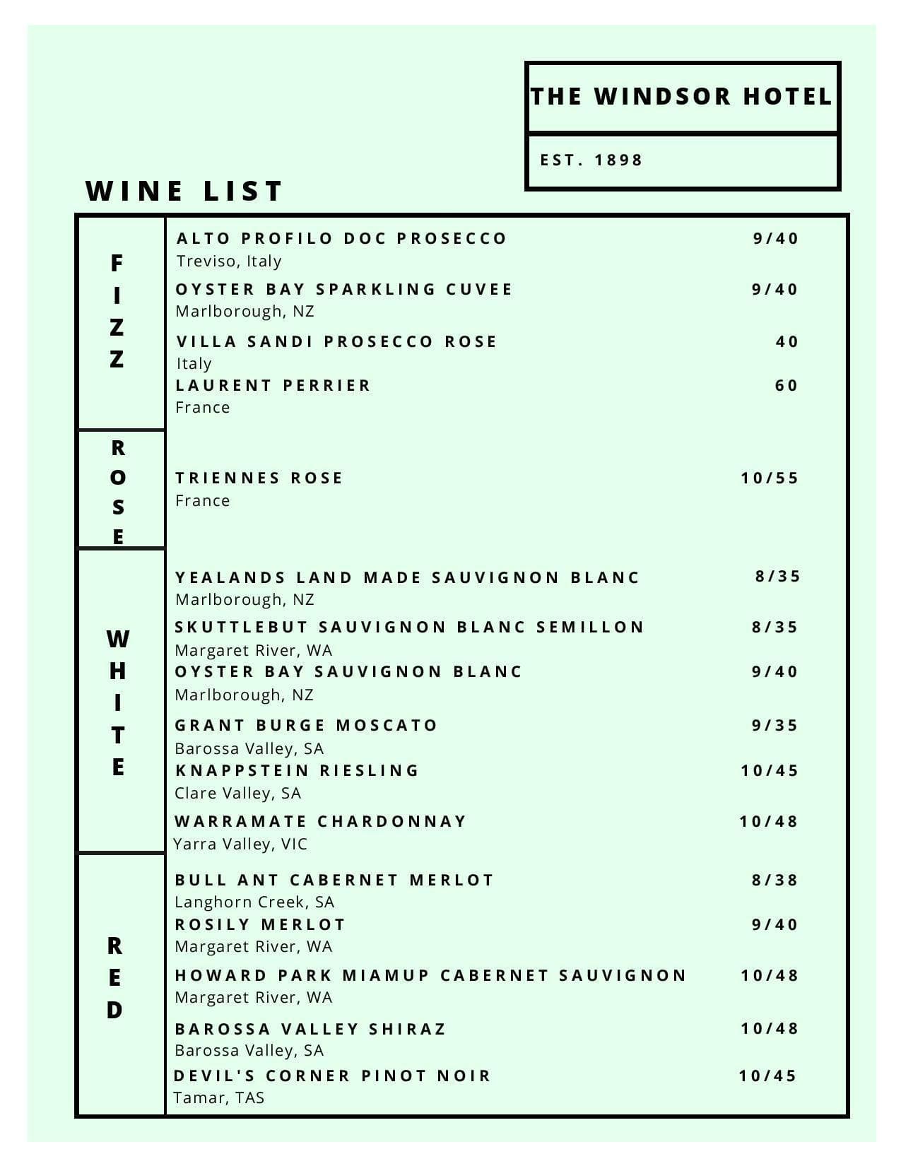 The Windsor Hotel Menu, Menu for The Windsor Hotel, South Perth, Perth