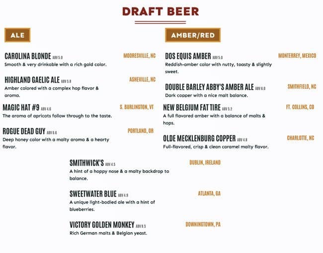 Menu at Carolina Ale House pub & bar, Charlotte, 201 S College St 010