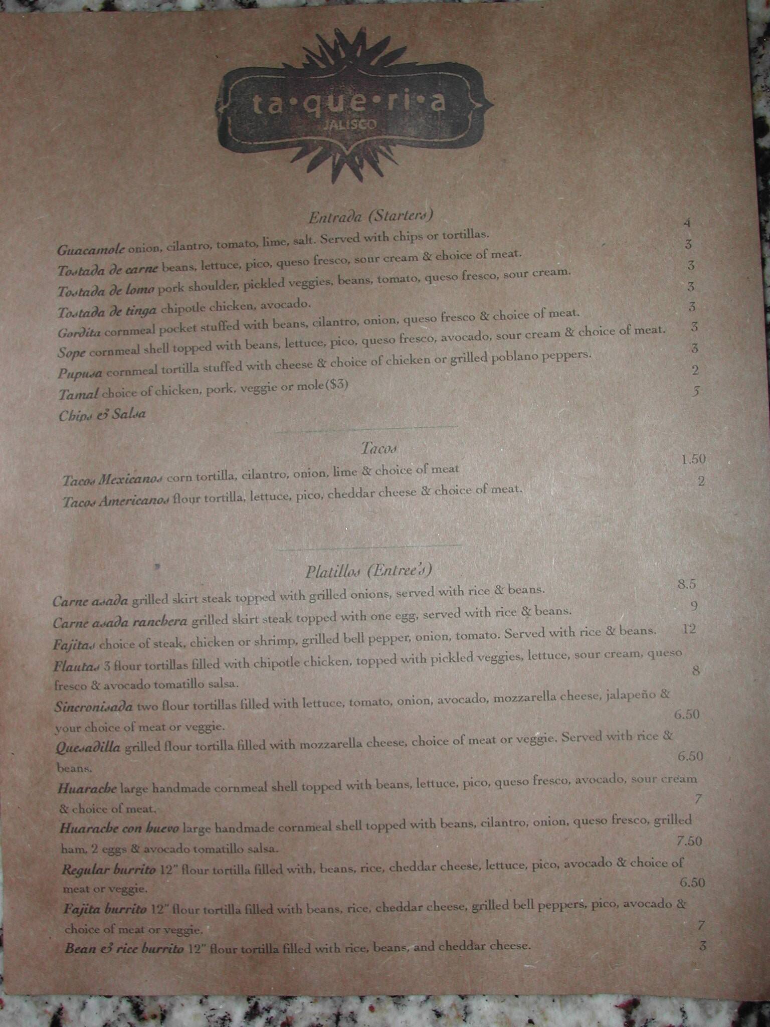 Taqueria Jalisco Menu, Menu for Taqueria Jalisco, Chattanooga