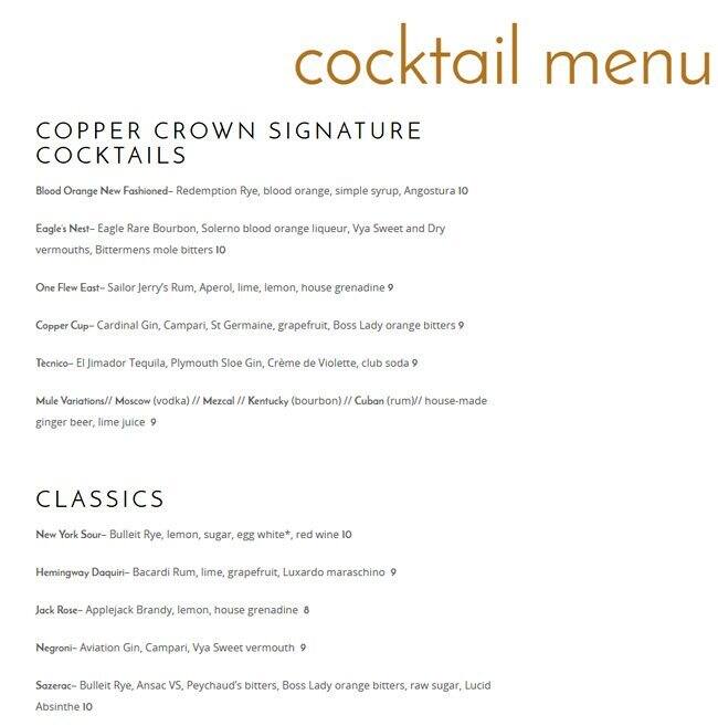 Menu at Copper Crown restaurant, Asheville, Tunnel Rd 100