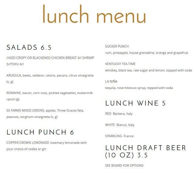 Menu at Copper Crown restaurant, Asheville, Tunnel Rd 100