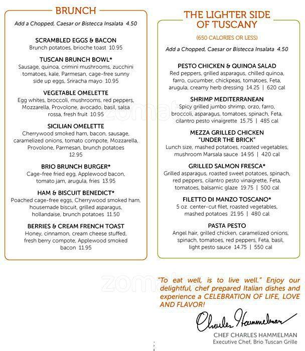 Menu at BRIO Tuscan Grille restaurant, Fairfax, Fair Oaks Mall