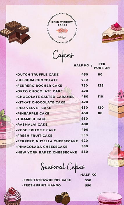 Menu of Open Window Cakes, Senapati Bapat Road, Pune