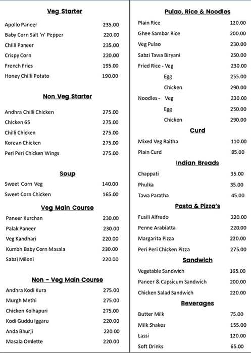 THE CENT HOTEL menu