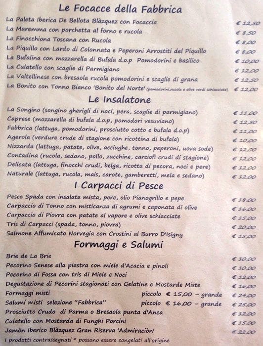 Menu di Fabbrica Pizzeria con Cucina 