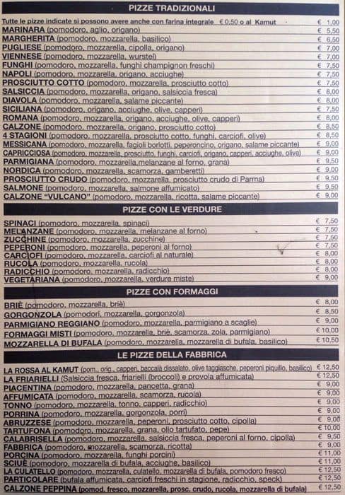 Menu di Fabbrica Pizzeria con Cucina 