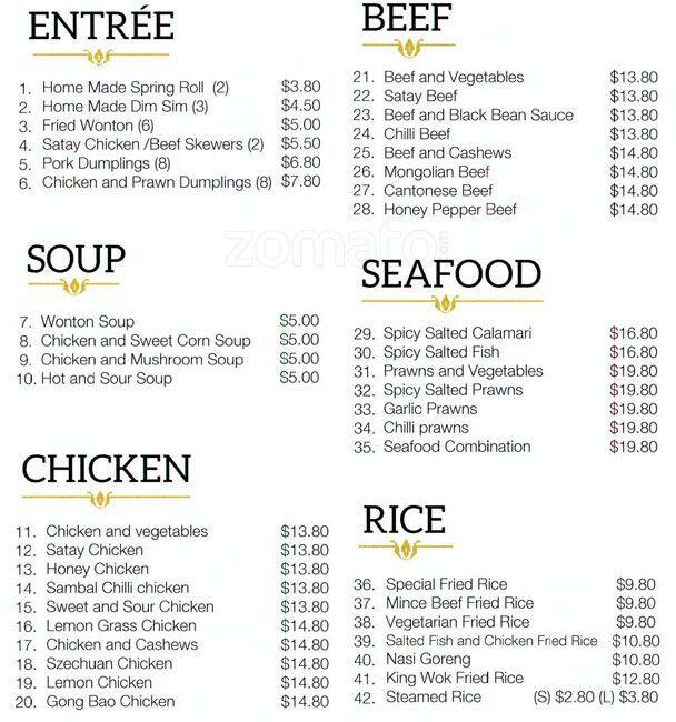 King Wok Menu, Menu for King Wok, Ashburton, Melbourne Urbanspoon/Zomato