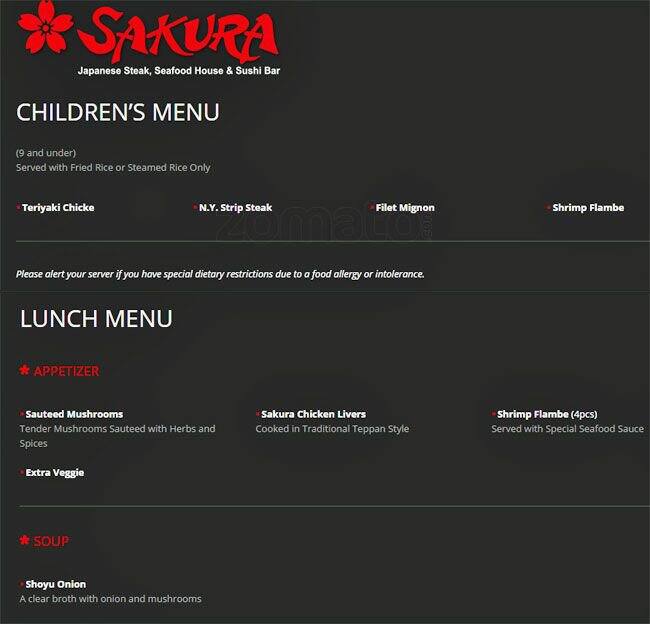 Sakura Japanese Steak and Seafood House Menu Urbanspoon/Zomato