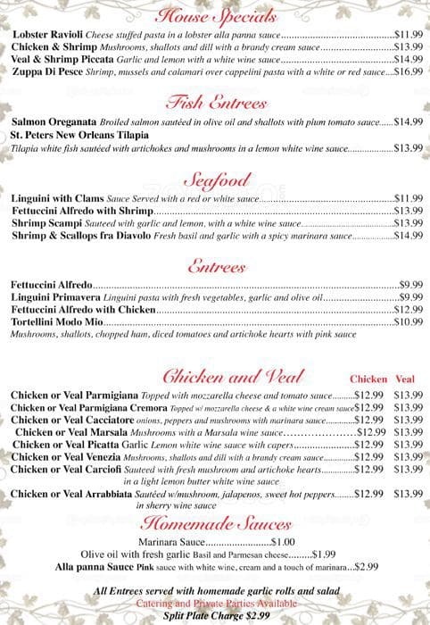 Menu at Venezia's pizzeria, Richardson