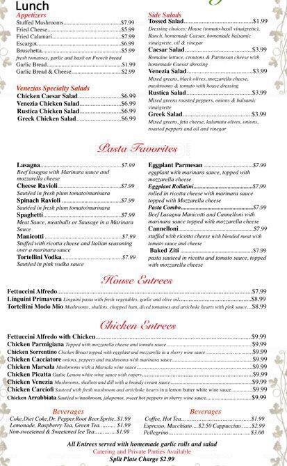 Menu at Venezia's pizzeria, Richardson