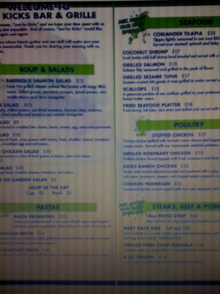 J.F. Kicks Menu, Menu for J.F. Kicks, Brandon / Valrico, Tampa Bay