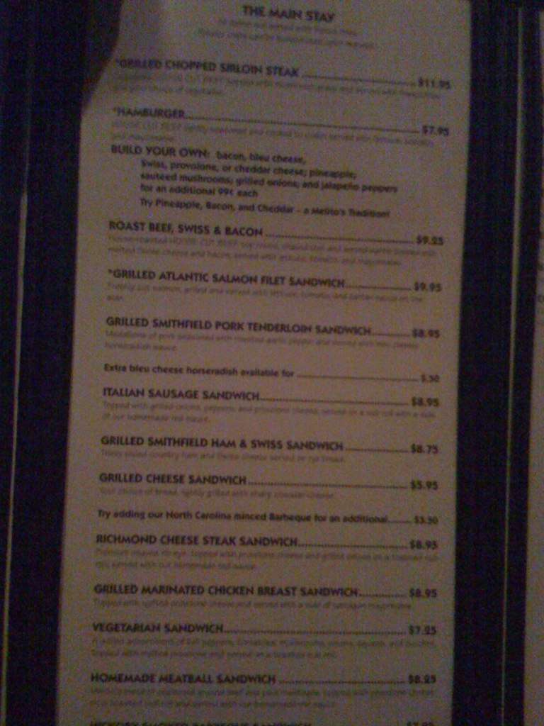 Menu at Melito's Restaurant, Richmond