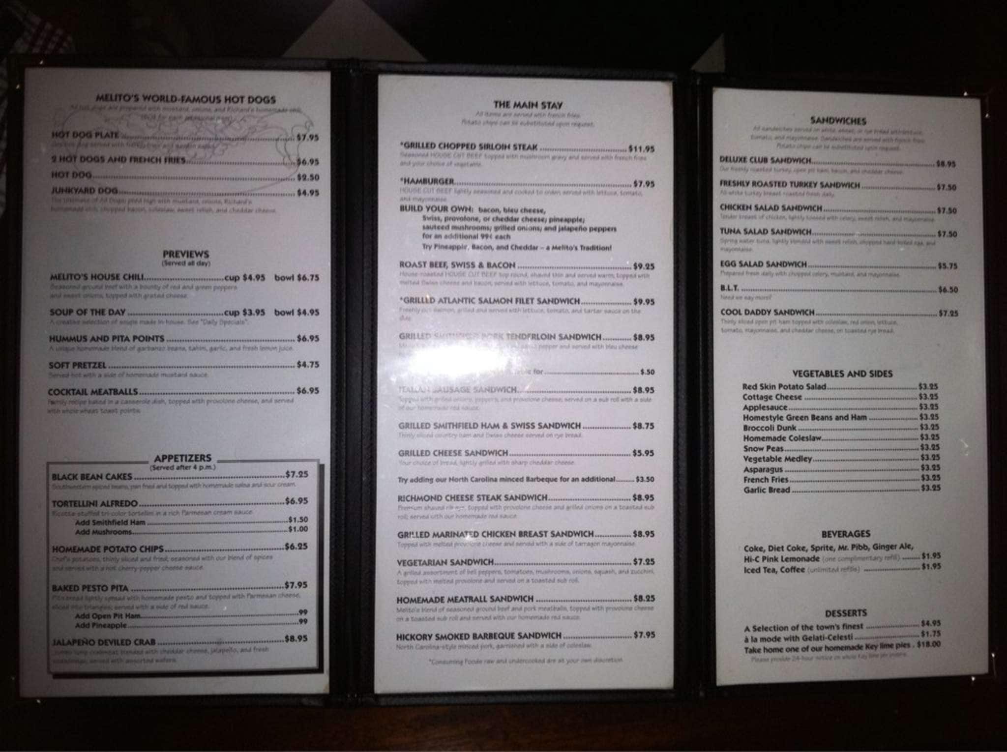 Menu at Melito's Restaurant, Richmond