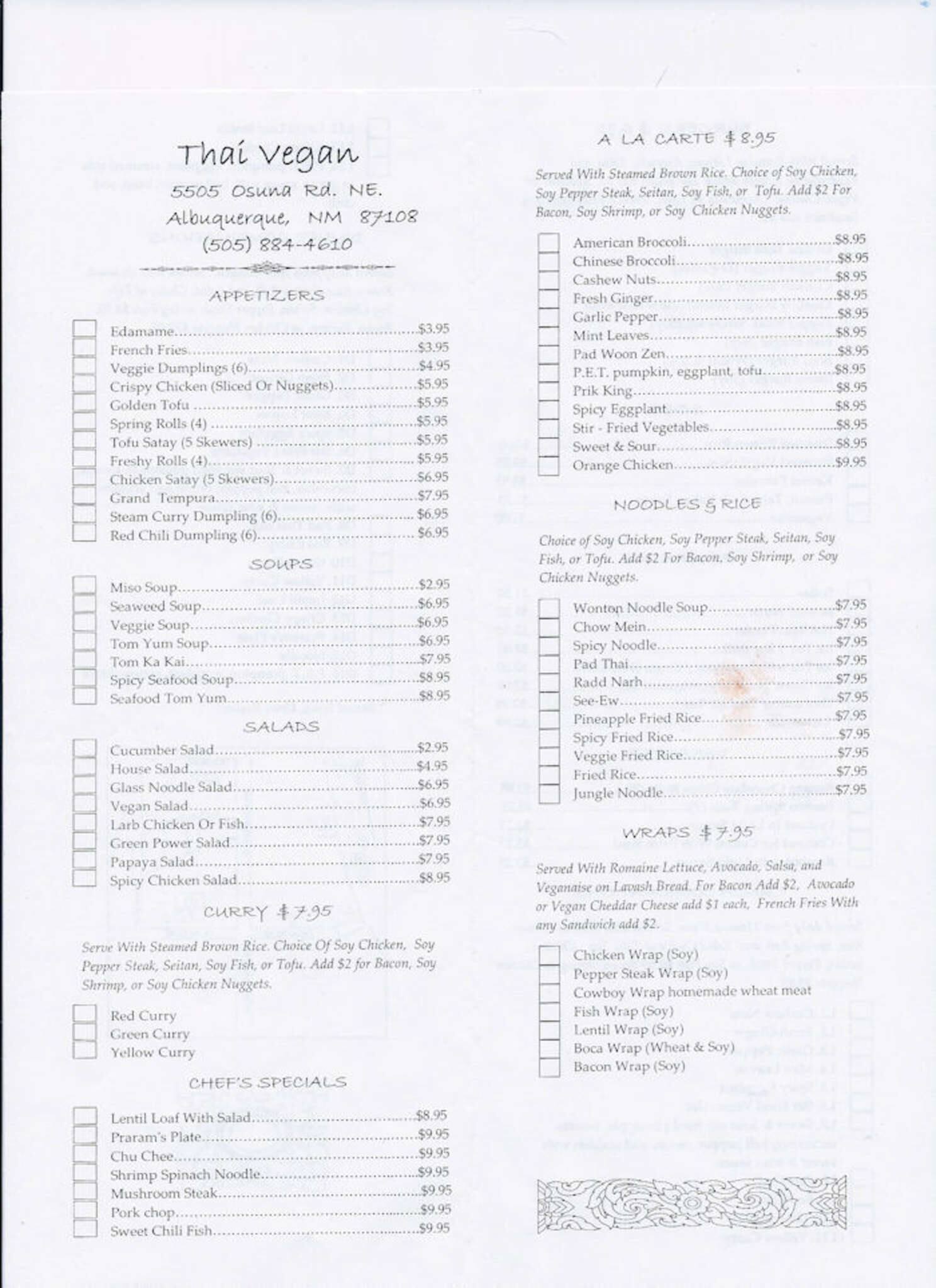 Thai Vegan Menu,Menú para Thai Vegan, Northeast Heights, Albuquerque