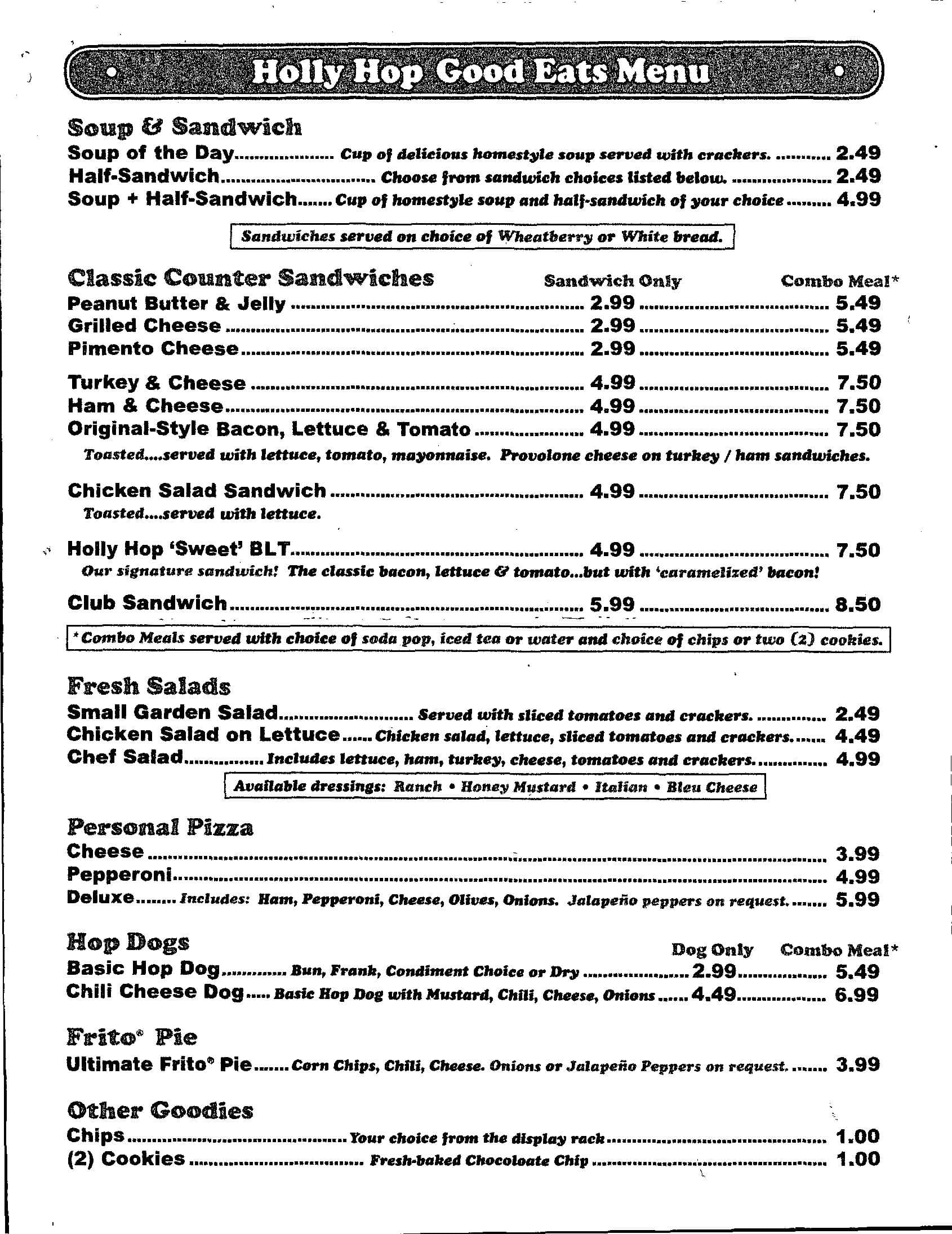 Menu at Holly Hop Ice Cream Shoppe pizzeria, Lubbock