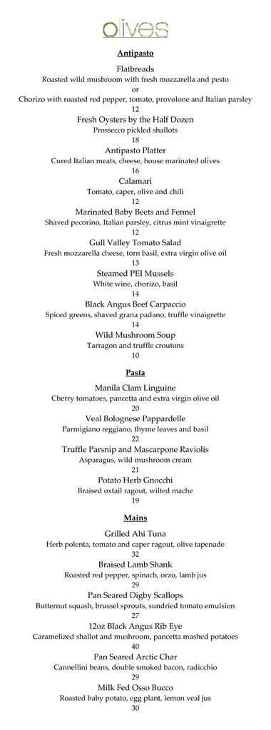 Olives Restaurant & Lounge menu