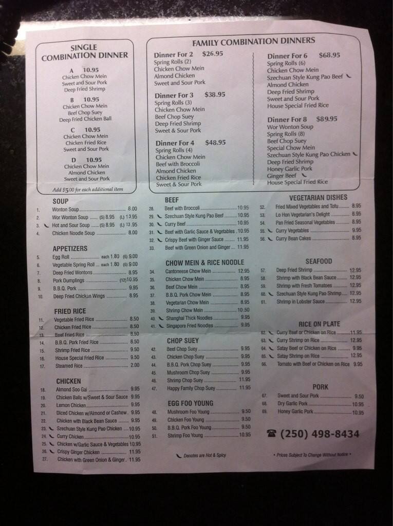 Asia Buffet menu