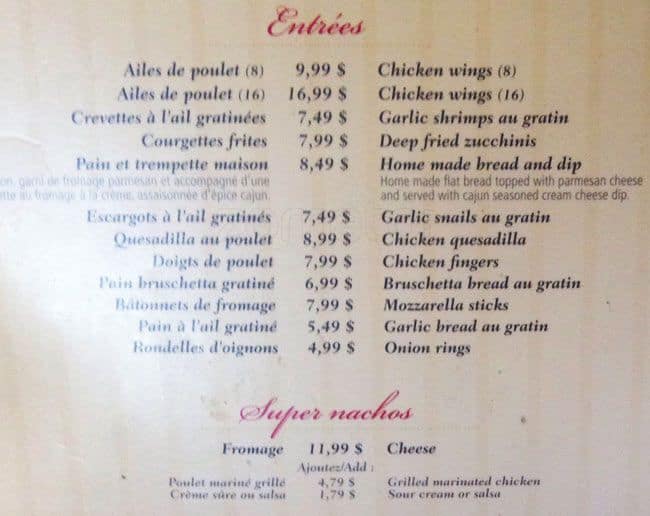 Menu au La Station restaurant, Gatineau