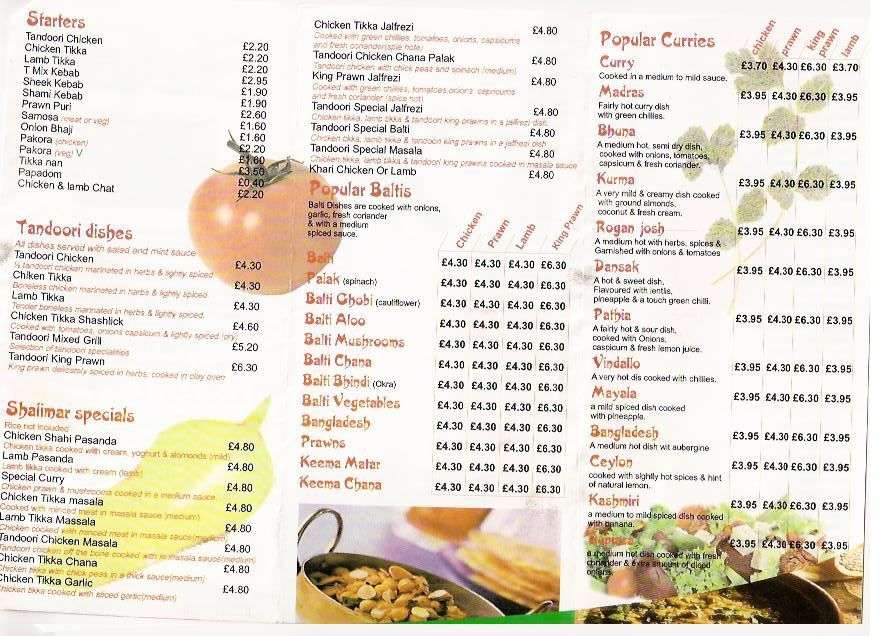 Shalimar Takeaway menu