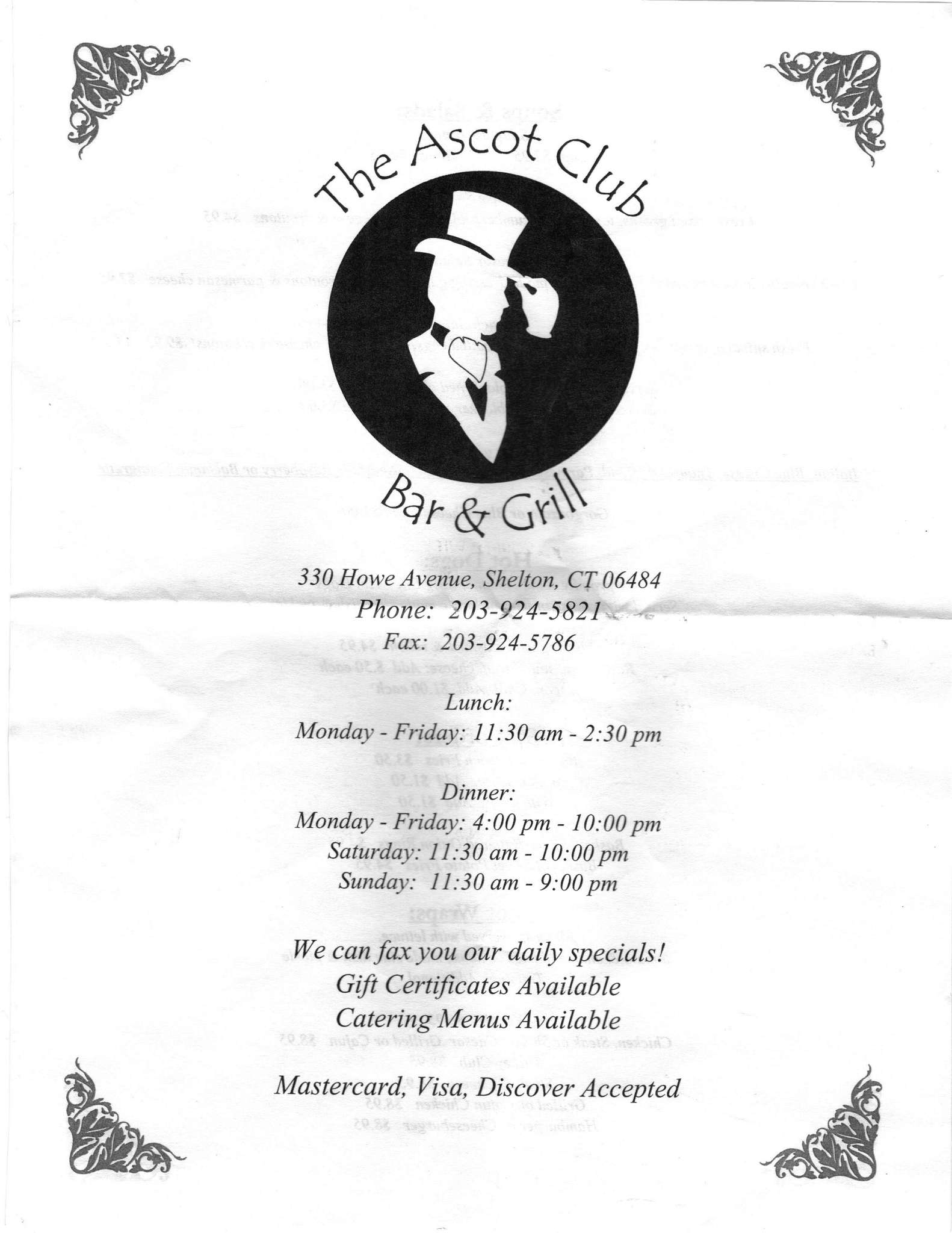 Menu at Ascot Club Bar & Grille, Shelton